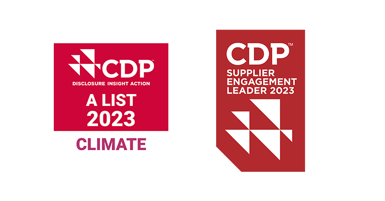 ロゴ：CDP CLIMATE A LIST 2023	、CDP SUPPLIER ENGAGEMENT LEADER 2023